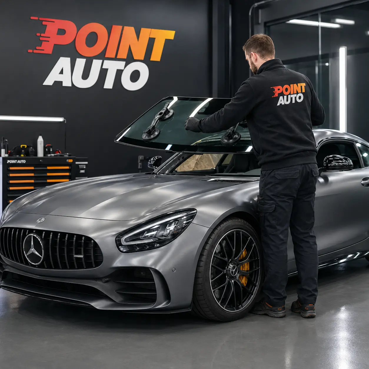 Technicien Point Auto remplaçant le pare-brise d’une Mercedes-AMG GT dans un atelier automobile à Lyon.