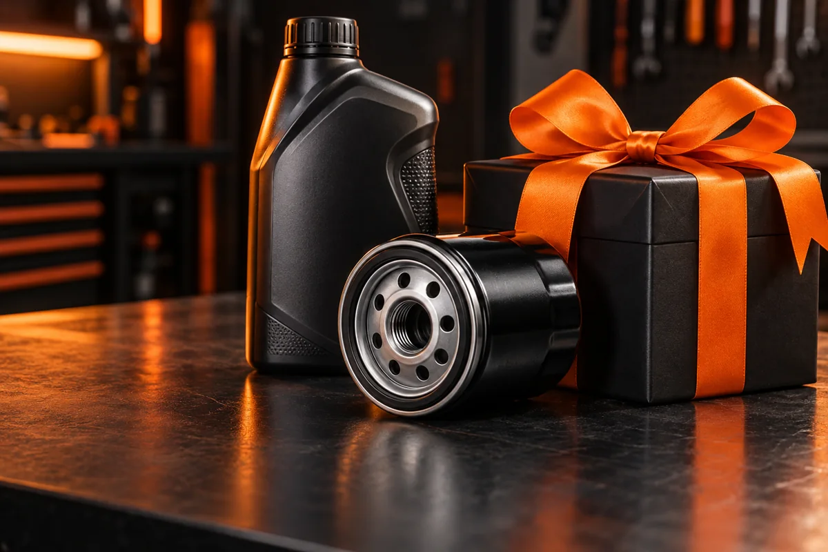 Bidon d’huile, filtre à huile et cadeau avec ruban orange